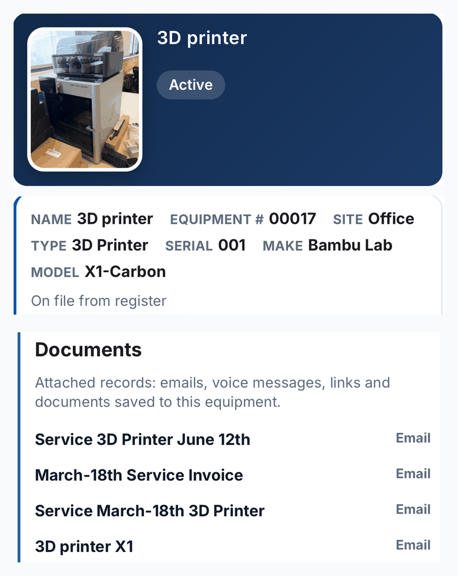 An OctoVault equipment record for a Bambu Lab X1-Carbon 3D printer, showing make, model, serial and site, with its attached service history: three dated service emails and a service invoice.