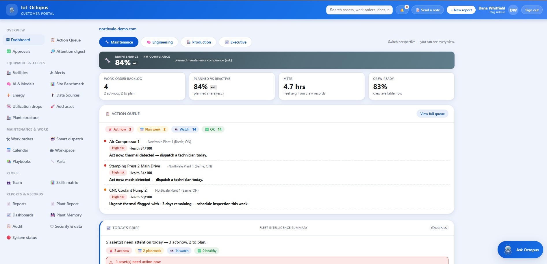 IoT Octopus maintenance dashboard: action queue, PM compliance and fleet health on one screen
